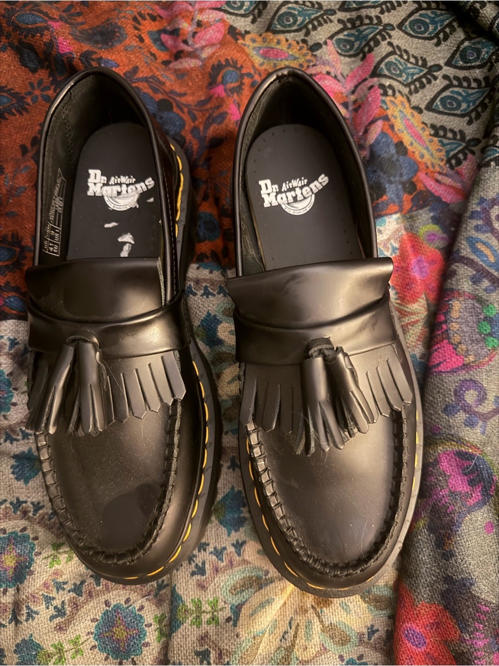 Dr. Martens Black Tassel Adrian Quad Loafers with Yellow Stitching